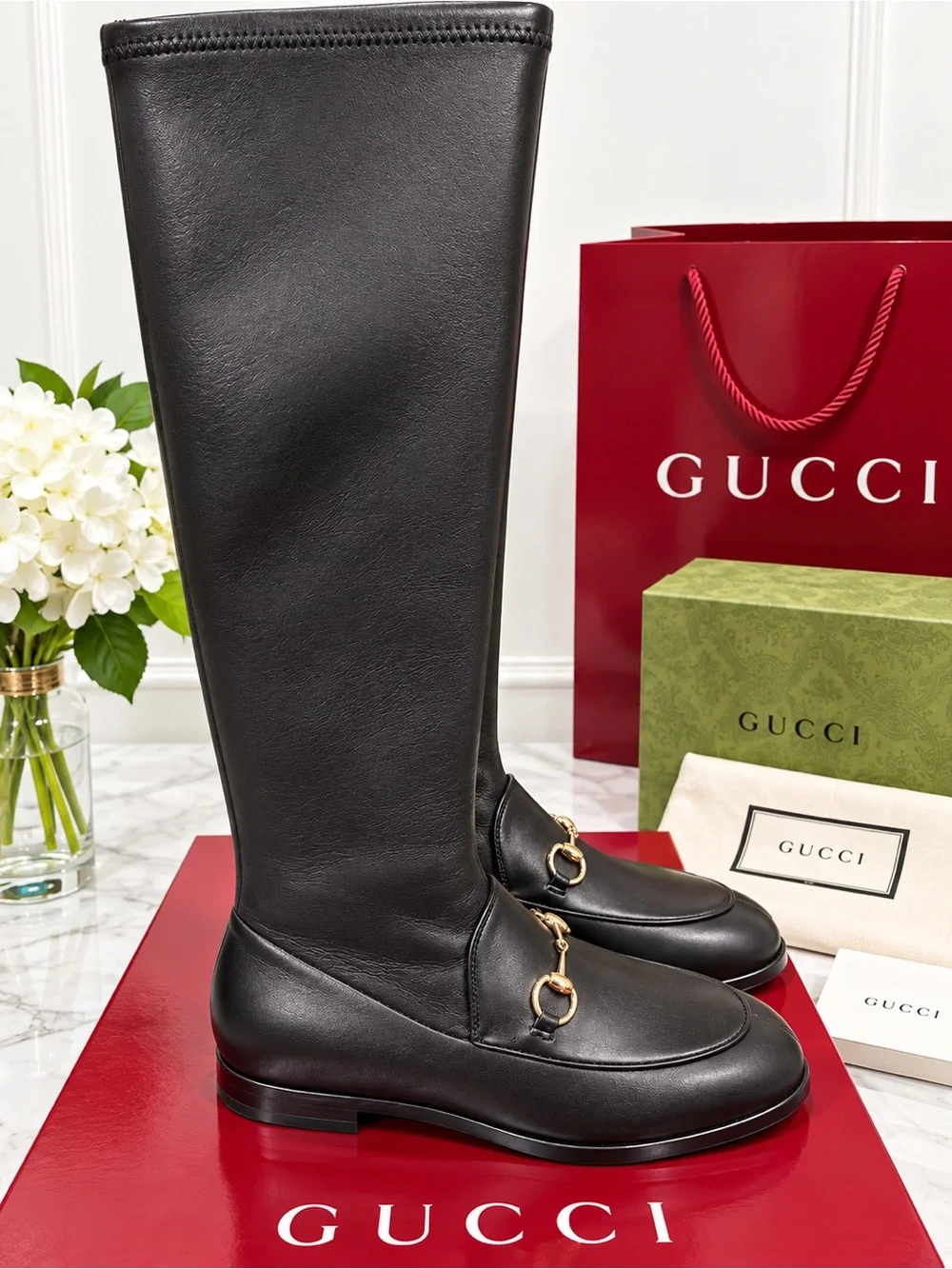 Gucci Black Leather Jordan Over-The-Knee Horsebit Boots with Gold Hardware